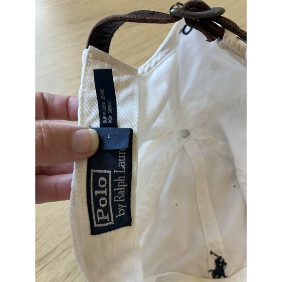 Vintage 90s Polo Ralph Lauren Hat WHITE Blue Pony Logo Leather Strap Preppy READ - Picture 8 of 14